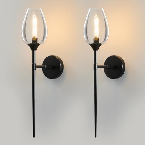 Image of 2 Pack Blcak Glass Wall Sconce Light,Vanity Light with Flower Shade | Decorative Wall Sconces Lights over Mirror,Indoor Brass Bathroom Vintage Vanity Lighting for Bedroom Living Room