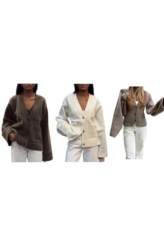 Vakkest Women's Cropped Cardigan Sweater Trendy Knitted Long Sleeve V Neck Tops Button Down Coat Outwear with Pocket3