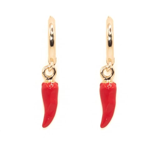 NILUXE DESIGN -Pendientes Pimiento Chile y Aros Dorados Mujer - Aro Chapado en Oro De 14k – Pendiente Pimientos Rojos Colgantes Esmaltado Brillo de Colores Cierre Cómodo- Ideal para Regalar (Rojo)