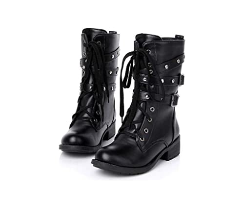 Women Motorcycle Boots Stylish Retro Combat Mid-calf Lace up Combat Boots with Studded Low Block Heels