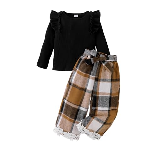 FOCUTEBB Girl 4T Clothes Toddler Girl Sweatshirts Fall Outfits Kids Winter Clothing Cute Ruffled Solid Long Sleeve Shirt Lace Trimmed Plaid Pants with Belt Girls Fashion Suit 3 Pcs Set Black 4-5Y
