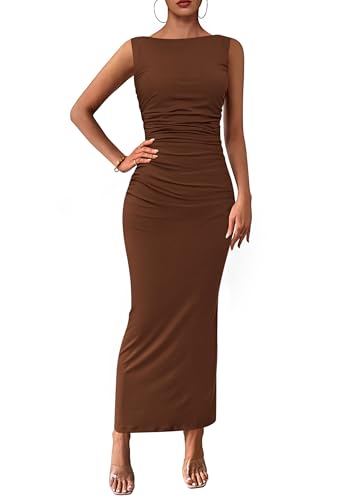 PRETTYGARDEN Women's 2026 Summer Semi Formal Midi Dresses Sleeveless Ruched Bodycon Long Elegant Cocktail Wedding Guest Dress (Coffee,Medium)