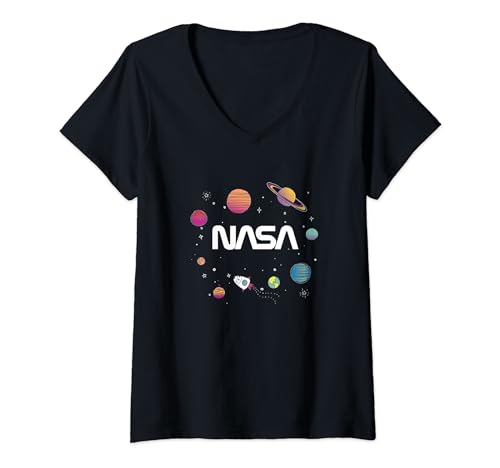 Image of Womens NASA Faded Rainbow Planets Vintage Shuttle In Orbit Badge V-Neck T-Shirt