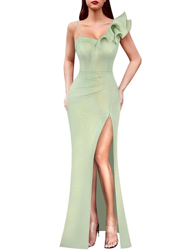 Image of VFSHOW Womens Ruffle One Shoulder Strap Ruched Formal Prom Wedding Maxi Dress V Neck Elegant Split Cocktail Evening Long Gown