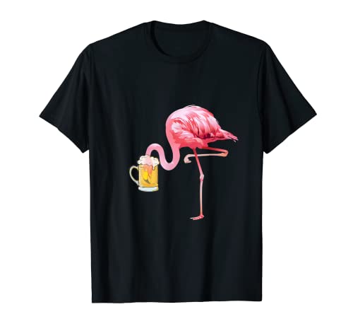 Flamingo Drinks Beer Drinking Pink Flamingo Summer T-Shirt, Black