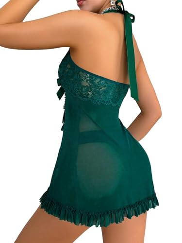 Image of Foxiny Sexy Halter Open Front Ruffle Sheer Mesh Lace Babydoll Lingerie Dress with Thong 2 Piece