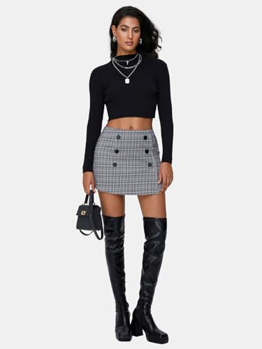 EXLURA Womens Button Bodycon Mini Skirt Sexy Night Club High Waist Elastic Y2K Fall Winter Plaid Skirts - Image 4