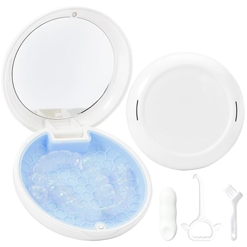 Gaboolo Retainer Case Slim Aligner Case with Vent Holes Cute Dental Brace Box with Retainer Removal Tool and Brush Compatible with Night Guard and Mouth Guard (White Blue)