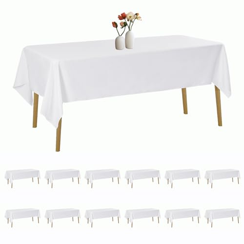 luccido 12 Pack Rectangle Tablecloth 60 x 120 Inches White Table Cloth Stain and Wrinkle Resistant Washable Polyester Fabric Table Cover for Party, Wedding and Banquet Decoration