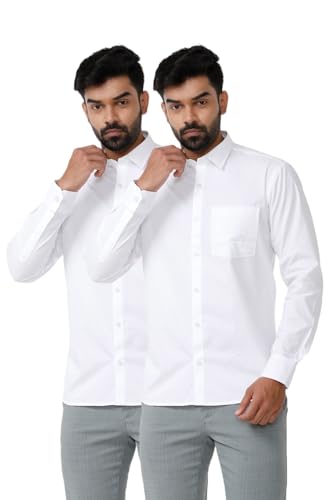 Image of UATHAYAM Double Delight Cotton Full Sleeve Solid Trending White Formal Shirt for Men Pack of 2