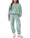 Arshiner Girl's 2 Piece Outfit Set Pullover Sweatshirt Jogger Sweatpants Tracksuit Casual Outfit Light Green 11-12 Years