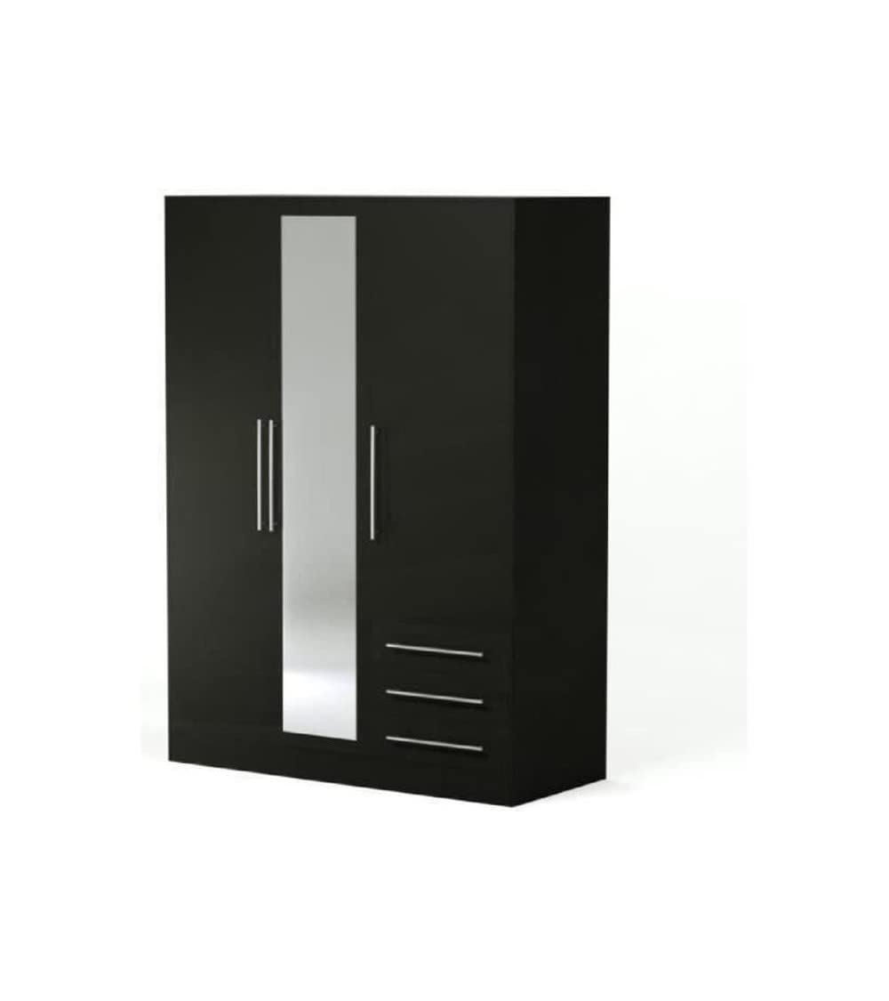 Forte Jupiter Kleiderschrank 145 150, moderner Drehtürenschrank, 3-türig, 2 Schubladen, Schlafzimmer, Holzwerkstoff, Schwarz, 144,6 cm breit x 200 cm hoch x 60 cm tief