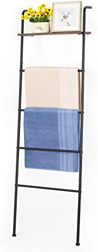 LIANTRAL Blanket Ladder, Towel Ladder for Bathroom, Wall Leaning Towel Ladder Blanket Holder Rack with Wood Shelf for Living Room Bathroom, Decorative Ladder for Blankets (5-Tiers, Black)