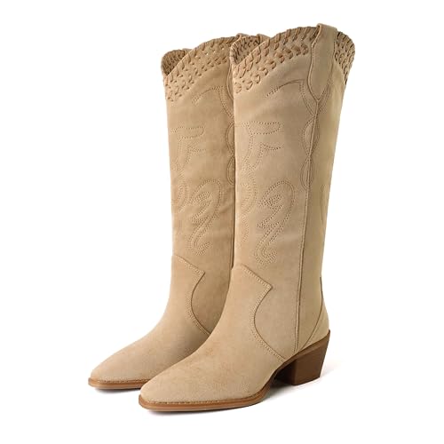 Image of Reitoye Cowboy Boots Women Knee High Cowgirl Embroidered Chunky Heel Boots | Block Chunky Heel,Pointed Toe,Half Side Zipper & Pull Tab,Embroidered Tall Boots,Fall Summer Spring Winter Dress Long Boots