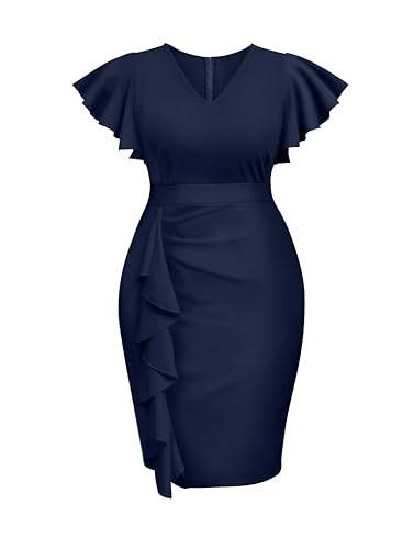 Image of Plus Size Cocktail Dress - Wedding Guest Women Bodycon Vintage Ruffle Church Pencil Dress