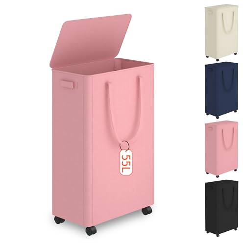 Image of Slim Laundry Hamper with Wheels,15 Gal (55L) Rolling Laundry Basket with lid and wheels Clothes Hamper Foldable Tall Dirty Clothes Basket Sturdy Collapsible Clothes Hamper for Dorm,Laundry Room