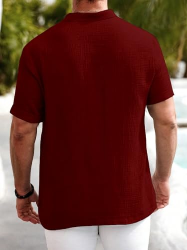 Image of Men Shirt | Black Textured Cotton Blend | Regular Fit Casual Shirt | Half Short Sleeve | Mandarin Chinese Collar | Button Down | Summer Office Wear | Stylish Shirt for Men