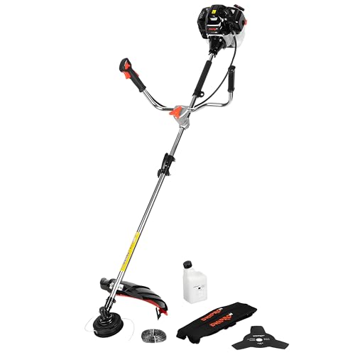 DNIPRO-M Desbrozadora de Gasolina, 51,7 CC, 2,6 kW (3,5 CV), Hilo Ø450 mm, Cuchilla 3 Dientes 255 mm, Manillar Tipo Bicicleta, Arnés Mochila, Antivibración, Depósito 0,9 L - 52S