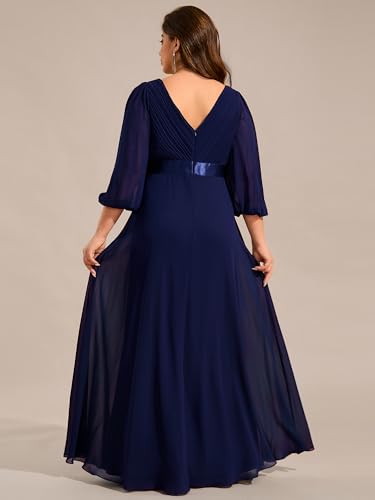 Ever-Pretty Plus Women's V Neck 3/4 Sleeves A Line Chiffon Pleated Plus Size Evening Gowns Floor Length Formal Dresses2