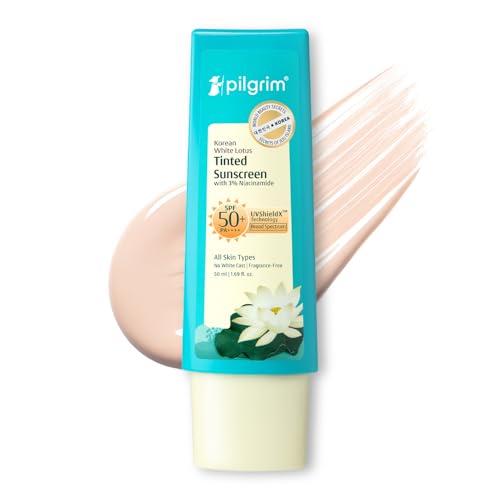 PILGRIM Korean White Lotus Tinted Sunscreen SPF 50+ PA++++ with 3% Niacinamide No White Cast Prevents Tanning Lightweight For All Skin Types For Women and Men 50 ml (Pack of 1)