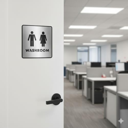 Image of Premium Brush Steel Silver Finish Acrylic Washroom Square Shape Door Sign Easy to Mount Self-Adhesive Tape Signage for Hotel Office Resort Society Corporate Business Hospital