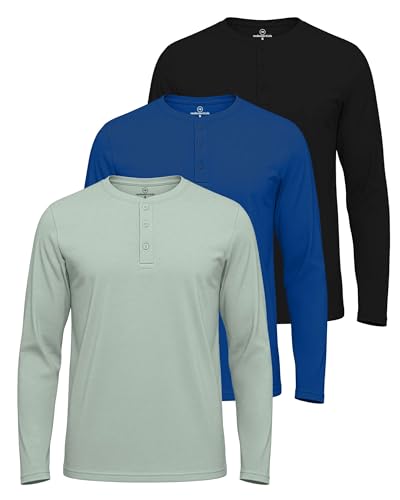 Image of Real Essentials 3 Pack: Mens Casual Long & Short Sleeve Cotton Henley Lightweight Button T-Shirt, Long Sleeve - Set