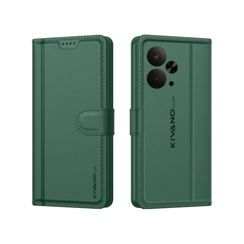 Image of KIVANO LUXE Compatible for Realme 14T 5G Luxury Handmade Leather Magnetic Flip Folio Case | Card Holder & Kickstand | Slim Protective Cover | Unisex - Green