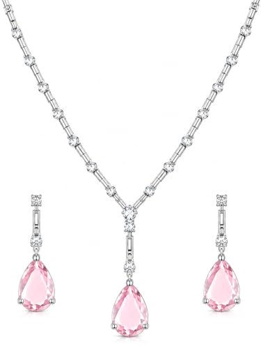 H&Denterprises Light Pink Teardrop Necklace Earrings Set for Women Girls | Sparkling Crystal Look Pendant Jewellery | Stylish Party Wedding Fashion Jewellery Gift (PINK) Deal