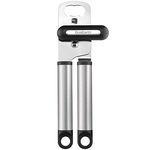 EcoEarth Ouvre-boîte (acier inoxydable et noir), ouvre-boîte manuel facile à prendre en main, outil de cuisine multifonction, extracteur de couvercle Cover