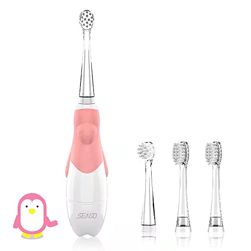 Baby Electric Toothbrush,Sonic Technology Battery Powered Toddler Tooth Brush with Smart LED Timer,Waterproof Auto Deep Clean for Infants Ages 0-3 Years with 4 Soft Brush Heads (Pink)