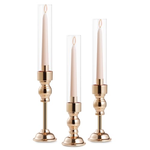 CappyBliss 3PCS Hurricane Candle Holders Set - Gold Candlestick Holders for Taper & Pillar Candles, Decorative Centerpiece for Dining Table, Wedding, Home Decor, Fit 3/4