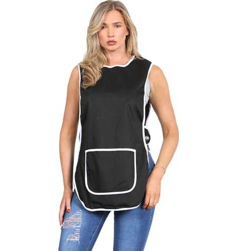 MyShoeStore Ladies Womens Tabard Home Work Kitchen Cleaning Chef Catering Cleaners Workwear Overall Piping Edge Tabbard Apron With Large Pocket Side Button Fastening Plus Big Size (Black, WX)