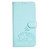 Ufgoszvp Handyhülle für iPhone 13 Pro Hülle PU Leder Geprägte Katze Klapphülle Magnet Stoßfeste Kartenfach Klappbar Schutzhülle Silikon Case Cover Flip Handytasche,Minzgrün