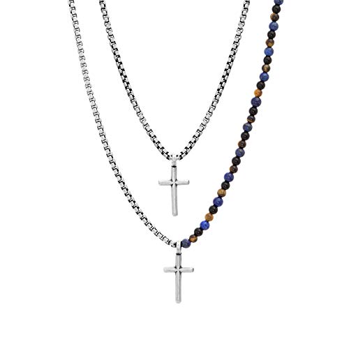 Steve Madden Stainless Steel Beaded Double Layer Cross Necklace for Men 25 and 27 Inch Box Chains