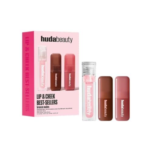 Huda Beauty Lip & Cheek Best-Sellers Bronze Nudes Set 2 Liquid Blush und Faux Filler Lip Oil Strahlender Finish