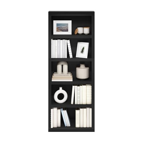 Image of Furinno Rail Book Shelf, 5-Tier Bookshelf with Open Shelf, Bookcase with Classic Style Edges, 10 x 24.6 x 63.5, for Organization and Storage, for Living Room, Bedroom, Home Office, Blackwood