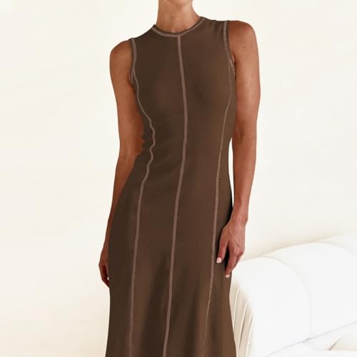 Image of AGYMNX Women's Sleeveless T Shirt Dress Ribbed Knit Long Tank Dress Summer Y2K Maxi Dresses