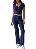Rayson Conjunto Deportivo Mujer 2 Piezas Manga Corta Top y Pantalón Chándales Para Mujer de Cintura Alta con Cordón para Fitness Yoga(Azul marino,XL)