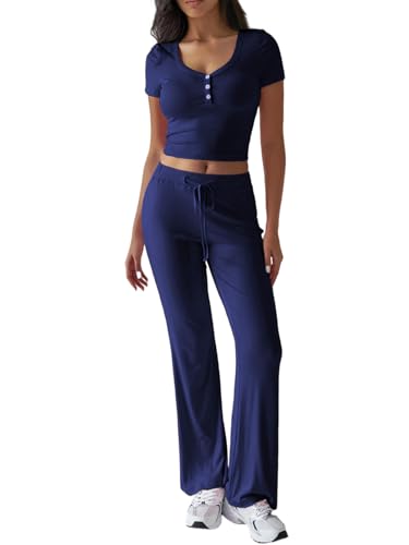 Rayson Conjunto Deportivo Mujer 2 Piezas Manga Corta Top y Pantalón Chándales Para Mujer de Cintura Alta con Cordón para Fitness Yoga(Azul marino,XL)