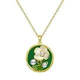Vintage Style Green Enamel Flower Pendant Necklace, Gold Chain, Pearl Accents (Gold)