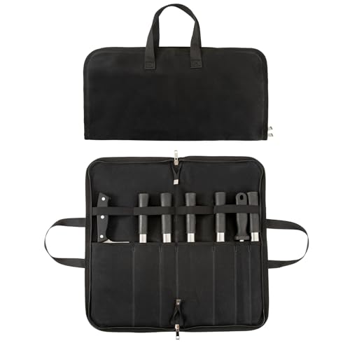 HYUXNT Messertasche, 16OZ Gewachste Leinwand Aufbewahrungstasche, Rolltasche Mit 7 Fächern für Messer und Löffel, Kochmesser-Koffer (Schwarz)