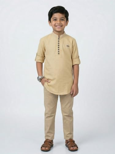 Image of Kids Stylish Solid Style Cotton Mandrain Collar Regular Fit Kurta|| Formal Boys Shirt || Casual Wear Buttoned Kurta for Boys
