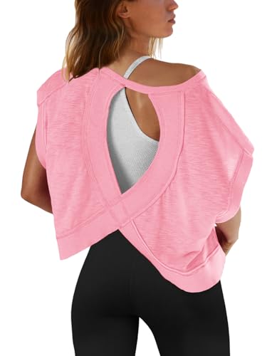 Image of SENSERISE Womens Open Back Workout Tops Backless Short Sleeve Athletic Shirt Running Crop Top Gym Yoga Tee