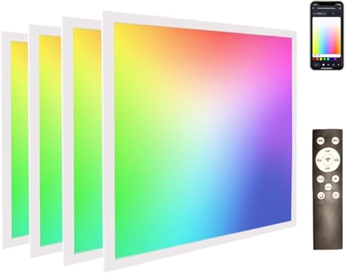 4 Pack 2x2 FT LED RGBW 5000K Multicolor Flat Panel, Light Remote & App Controlled 40W 4400lm Color Changing LED Panel Light Smart Wi-Fi Drop Ceiling Light with Alexa/Google Assistant