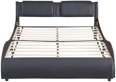 Miniatura 7 de Ochangqi Marco de cama matrimonial con luces LED, moderno marco de cama LED de bajo perfil con cabecero, marco de cama tapizado de piel sintética