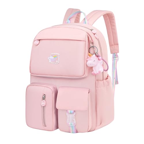Kawaii Lightweight Backpack Large Capacity Book Rucksack with Pendant Comfortable Wide Shoulder Strap Backpack (Pink,Small)