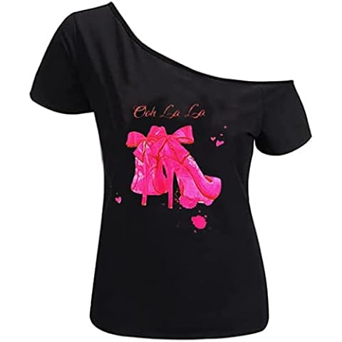 MAGICMK Women’s Short Lips Print Causal Off The Shoulder Plus Size T-Shirt Tops Cover