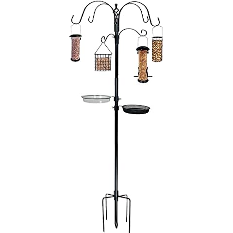 Ashman Deluxe Premium Bird Feeding Station, 22" Wide x 91" Tall (82 inch Above Ground) Black with 4 Multiple Hooks and 4 Bird Feeders Hanging Kit. Cover