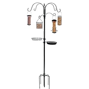 Ashman Deluxe Premium Bird Feeding Station, 22″ Wide x 91″ Tall (82 inch Above Ground) Black with 4 Multiple Hooks and 4 Bird Feeders Hanging Kit.