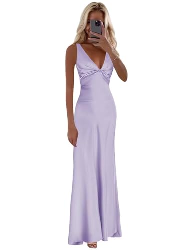 FUMY Halter Silk Satin Long Mermaid Prom Dresses with Bow Spaghetti Straps Pleated Formal Dress for Women Evening Lilac 0